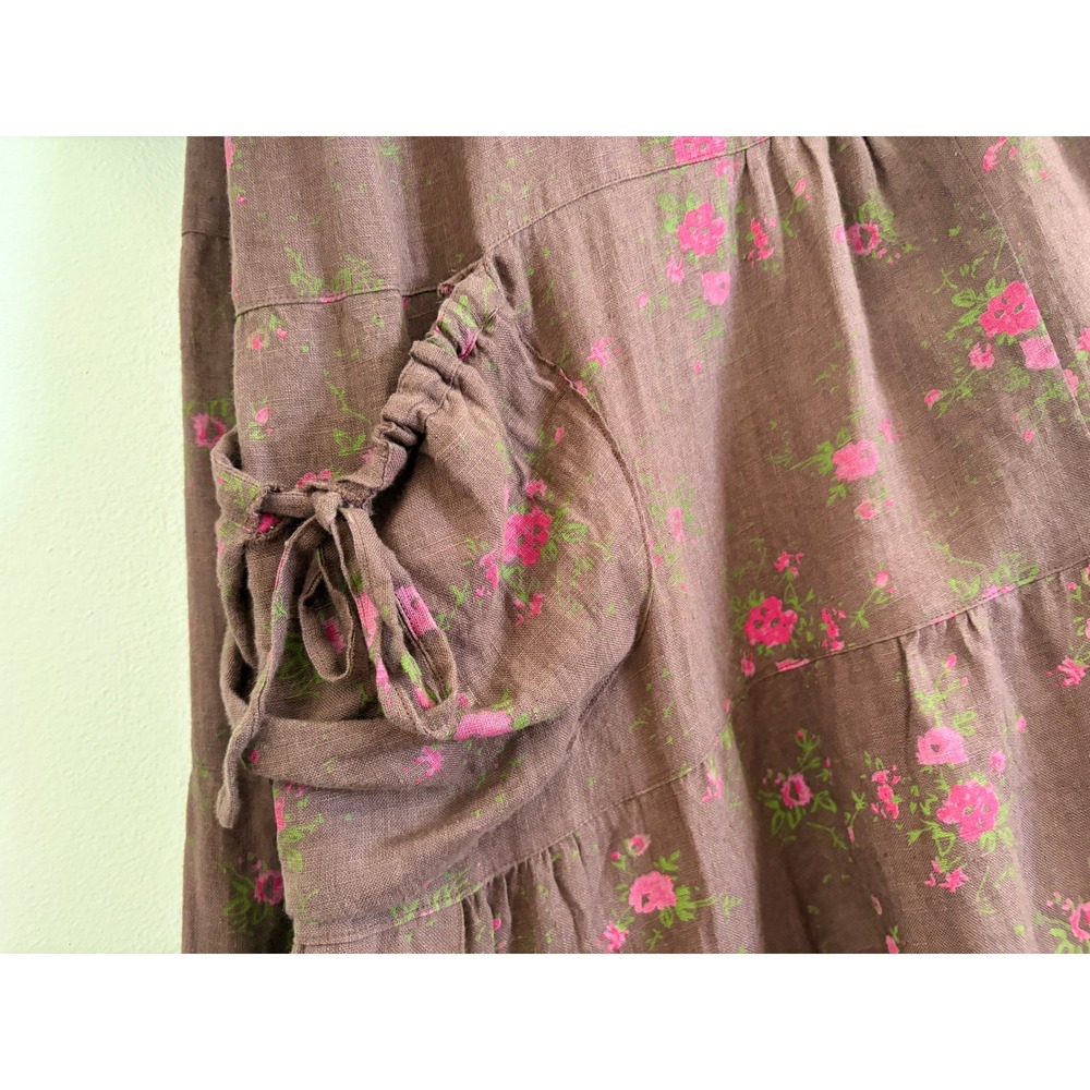 Heart's Desire Linen Floral Tiered Dress XXL Brown Cottagecore Lagenlook Boho - Picture 6 of 9